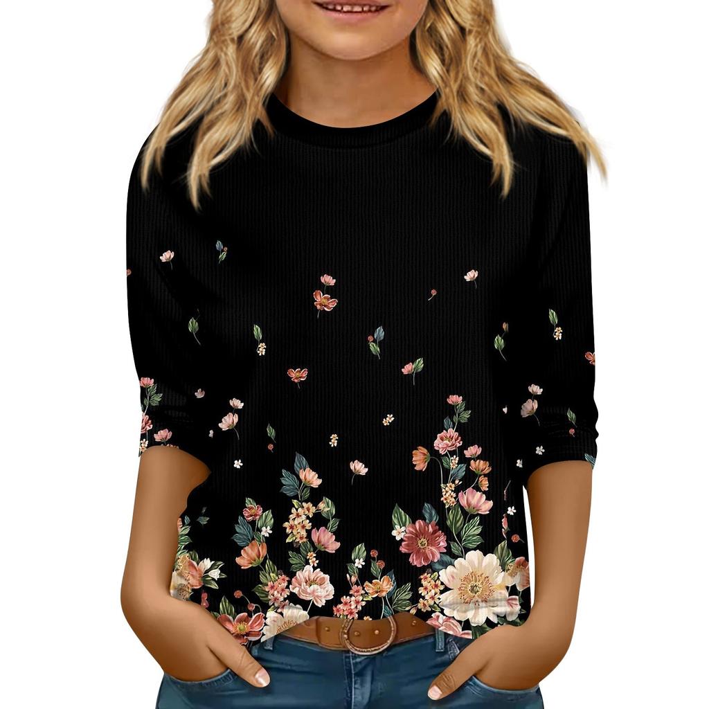 Children's 3/4 Sleeve Tops Knit  Casual  Print T Shirt Round Neck Pullover Blouse
