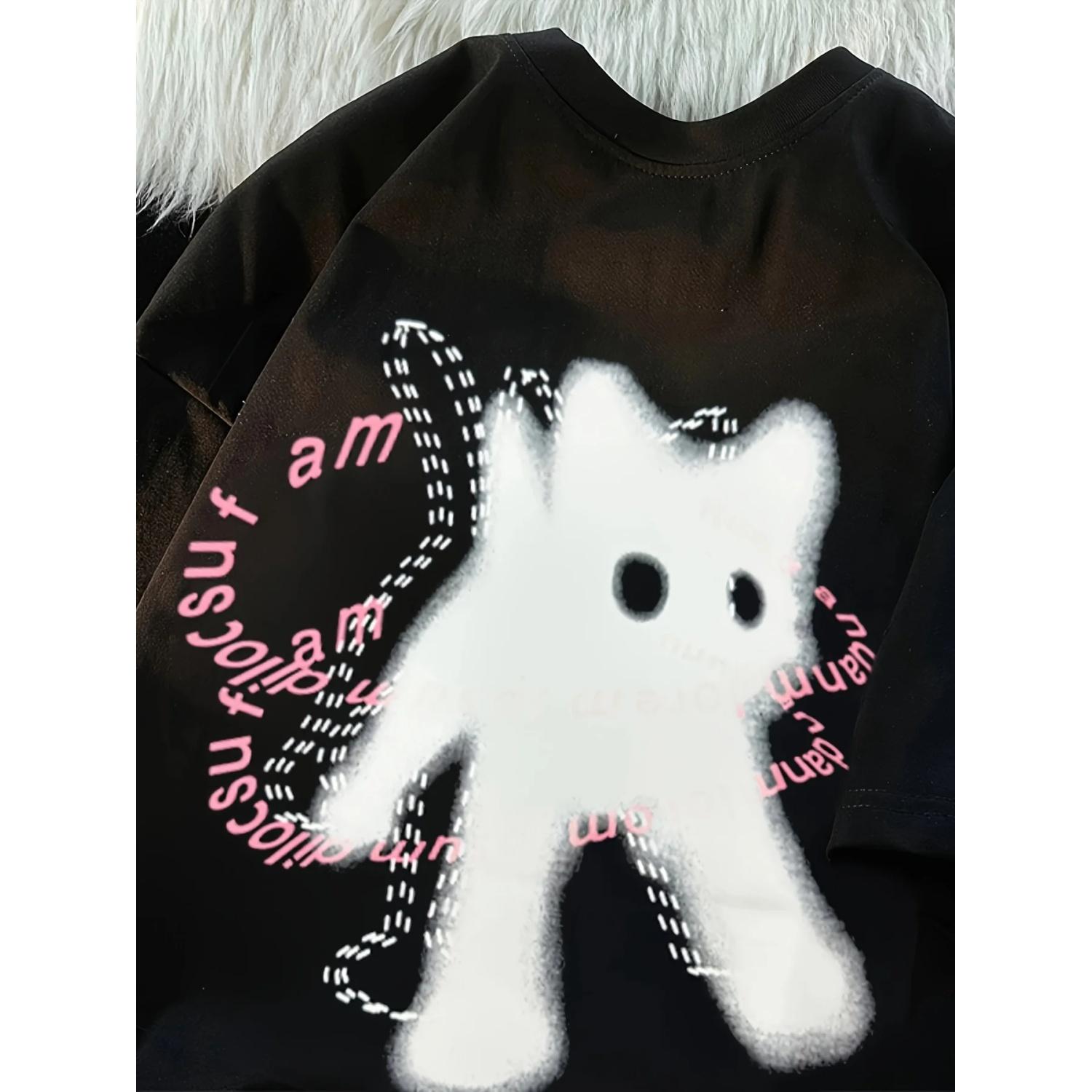 

Women Cotton T-shirt Graffiti-art Frightened Cat Letter Prints Tees Shirt Summer Loose Tops Fashion Street O-neck Female Clothes S чёрный