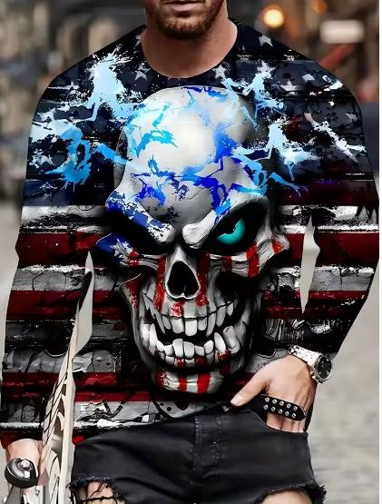 2025 New Fashion 3D Skull Printing Long Sleeve Hip Hop Trend Harajuku Men's Casual Top Men's Clothing