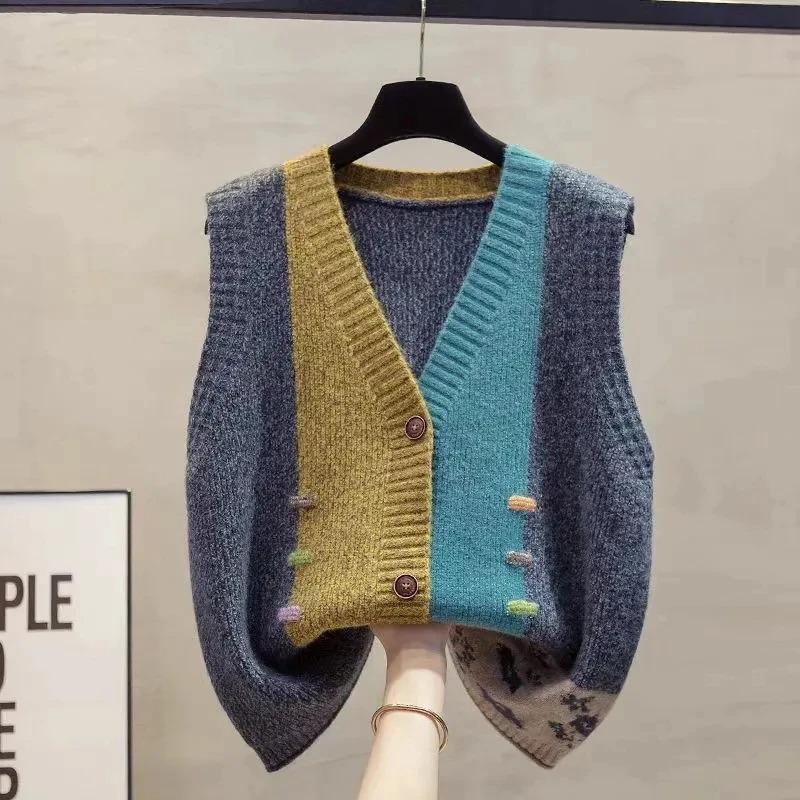 Sweater Knit Cardigan Spring Autumn Women Vest  Fashion Loose All Match Sweater Waistcoat Ladies V Neck Sleeveless Jacket