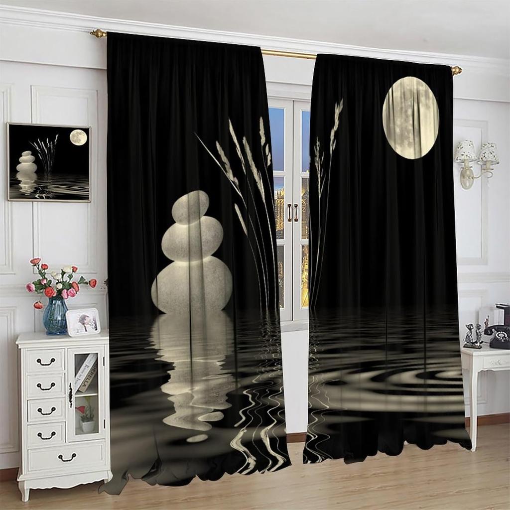 Garden Zen Stone Blackout Curtains Asian Japanese Spa Moon Black Zen Stone Theme Window Drapes for Bedroom Living Room 42" W X