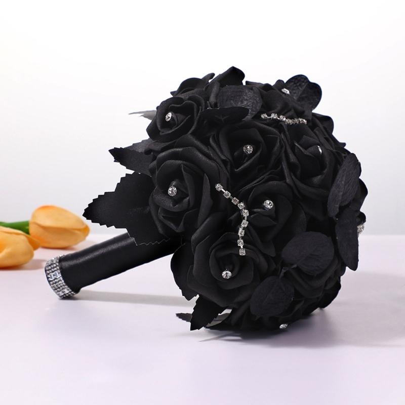 Artificial Flowers Bridal Bouquet Gothic Wedding Bouquet Red/Purple and Black Wedding Flower Bouquet for Bridesmaids