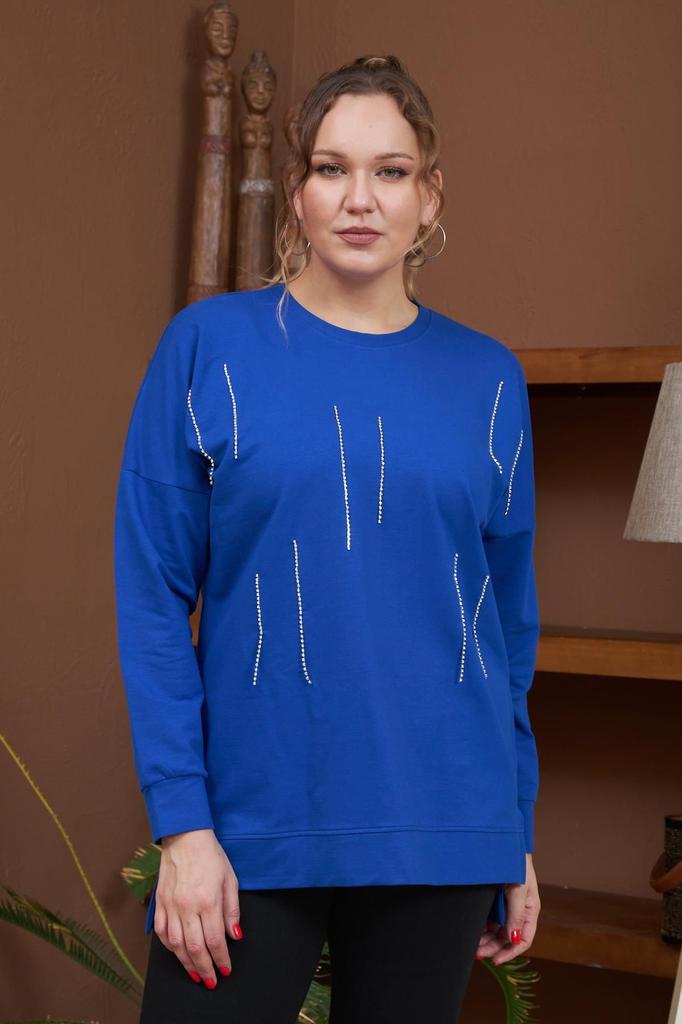 Damen Stil Übergröße Sweatshirt Stein Detailliert Schlitz Übergröße Schwarzes Sweatshirt