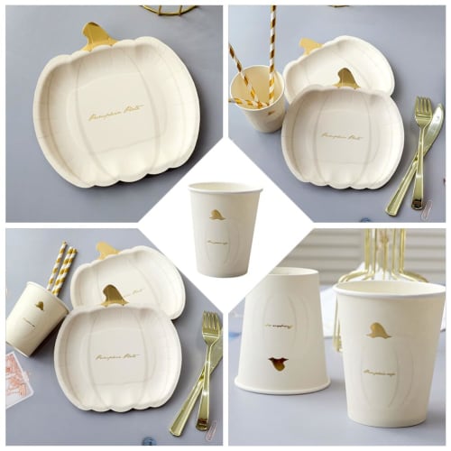 Amosfun Halloween Disposable Tableware Set, 20-Piece Set, Includes Paper Plates, Cups, and Drink Cups. Perfect for Parties and Birthdays. 7-inch Pumpk