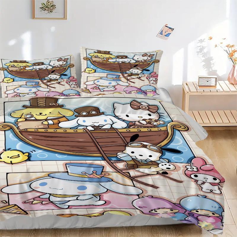 

3 шт. Пом Пом Пурин, Синнаморолл, Хелло Китти и Друзья Комплект с одеялом Мягкий и удобный Декор для спальни, гостевой комнаты и общежития Комплект постельного белья W080 135x200cm
