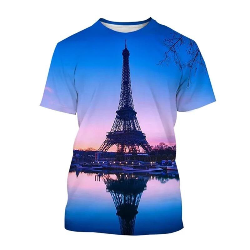 Paris Eiffel Tower 3D Print T-Shirts Streetwear Men Women Fashion Oversized O-Neck Short Sleeved T Shirt Tees Tops Clothing