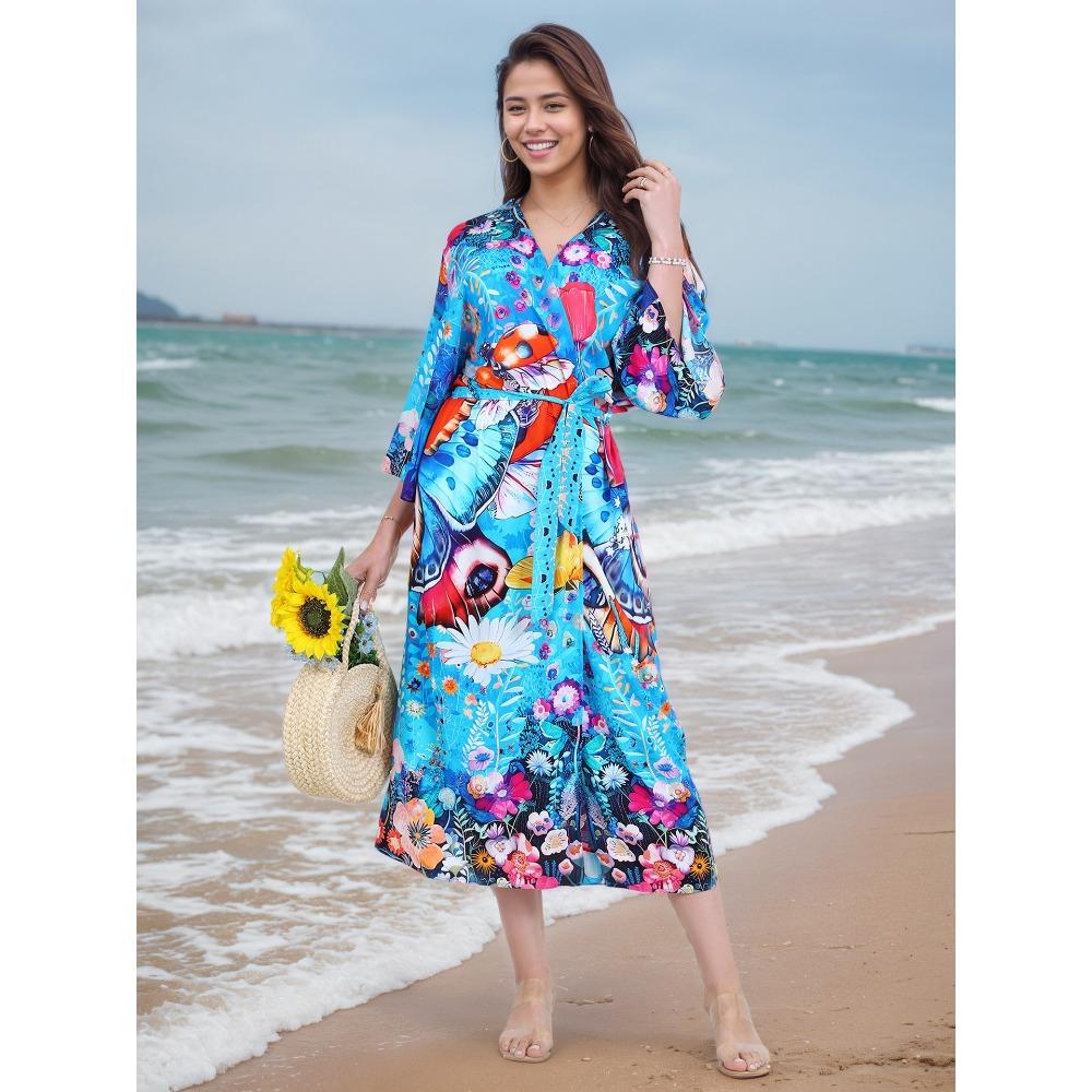 Plus Size Boho Kaftan Dress, Women's Plus Maxi Cover Up Dress