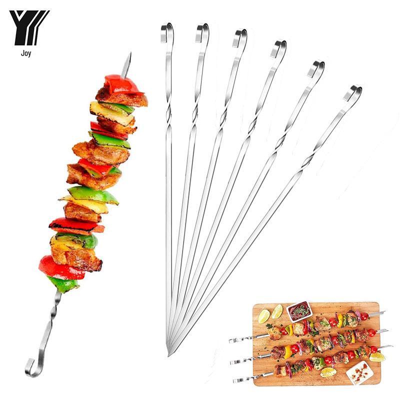 Stainless Steel Flat BBQ Skewers: Lamb Kebab Roasting Forks, Outdoor Grilling Needles, Thick 9-Figure Twisted Design.