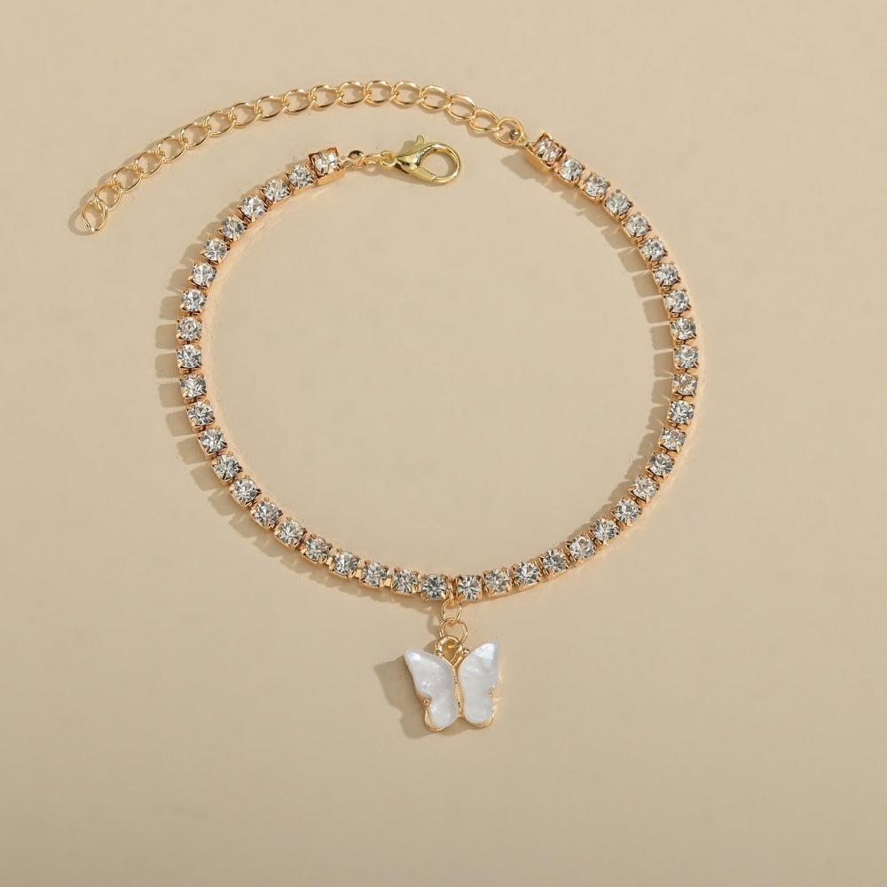 Einfacher Damen-Einreiher-Fußkettchen Strandwind Schmetterlingsanhänger Diamantenbesetztes Metall-Fußkettchen