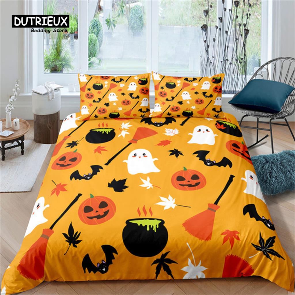 Halloween Bettwäsche Set Cartoon Kürbis Bettbezug Set Mikrofaser Hirsch Geometrischer Druck Bettdeckenbezug mit Kissenbezug Raumdeko