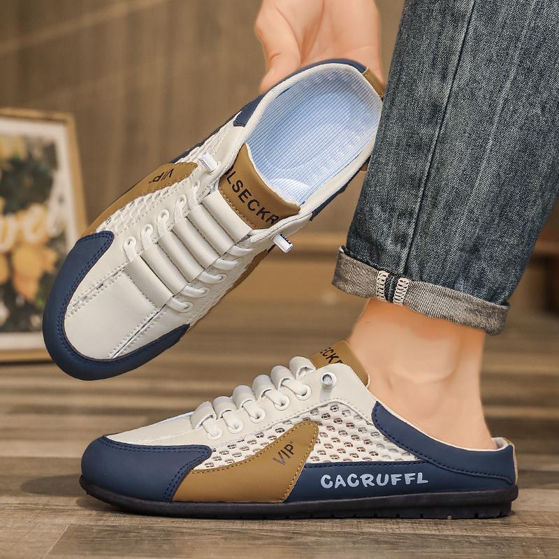 Mens Half Slippers Summer Breathable Mesh Mens Shoes Outdoor Casual Walking Shoes Large Flat Light Mesh Slippers Sandals