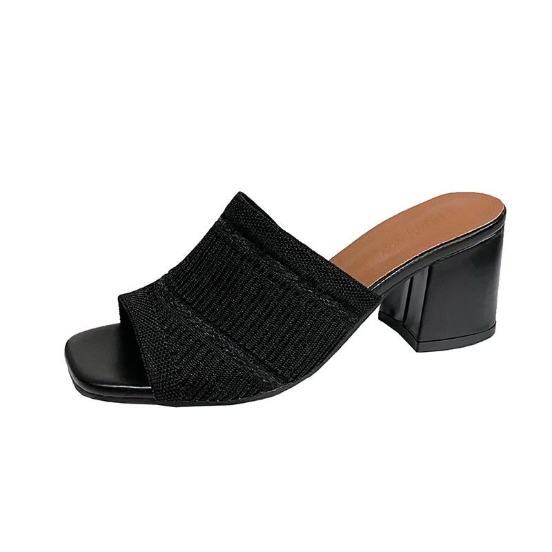 Fashion Summer New Coarse Slippers Women's Square Head Shallow Mouth Mesh Cloth Breathable Open Toe Non-slip Sandals