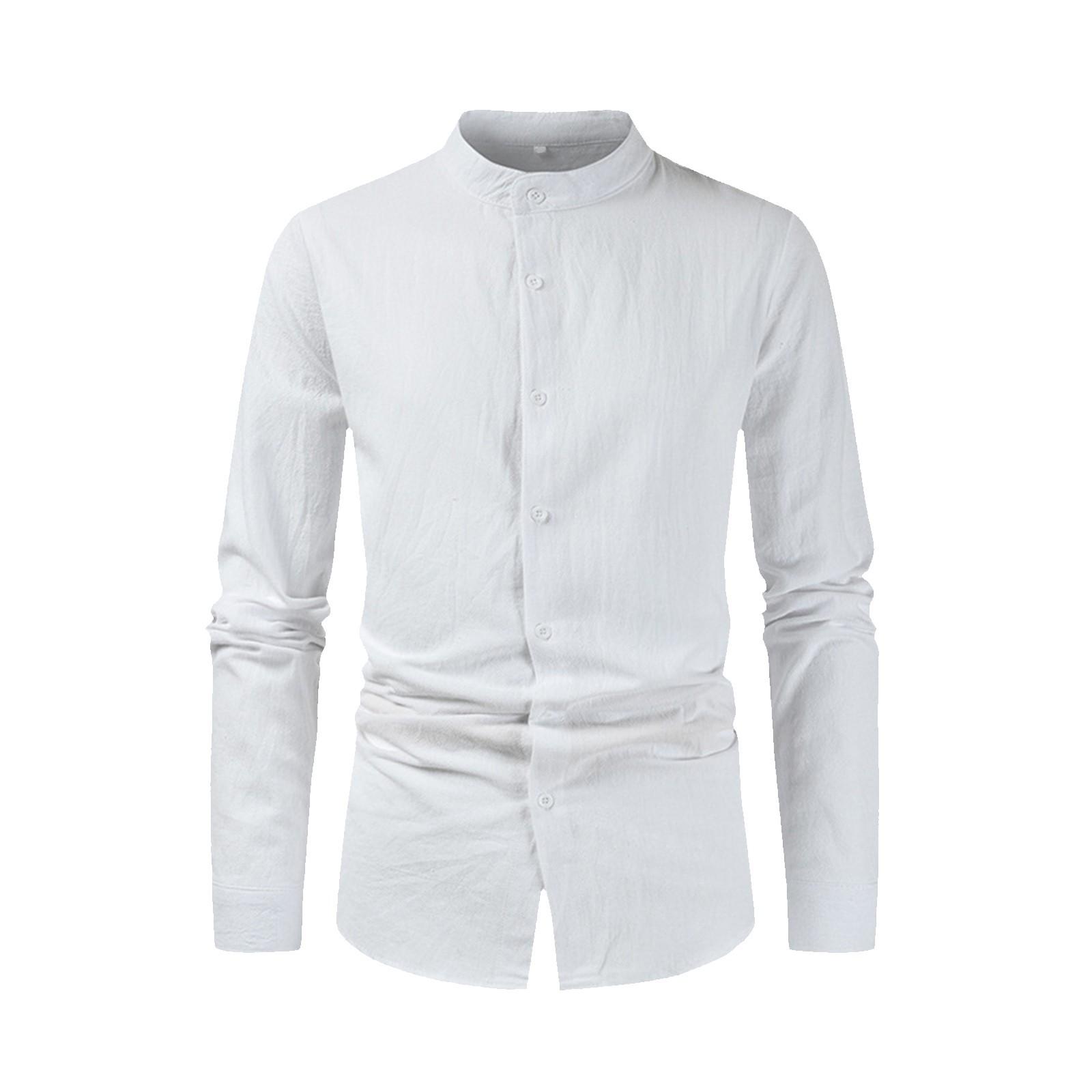 

Мужская повседневная модная рубашка с длинным рукавом, однотонная рубашка из хлопка и льна с воротником-стойкой и пуговицами XXL белый