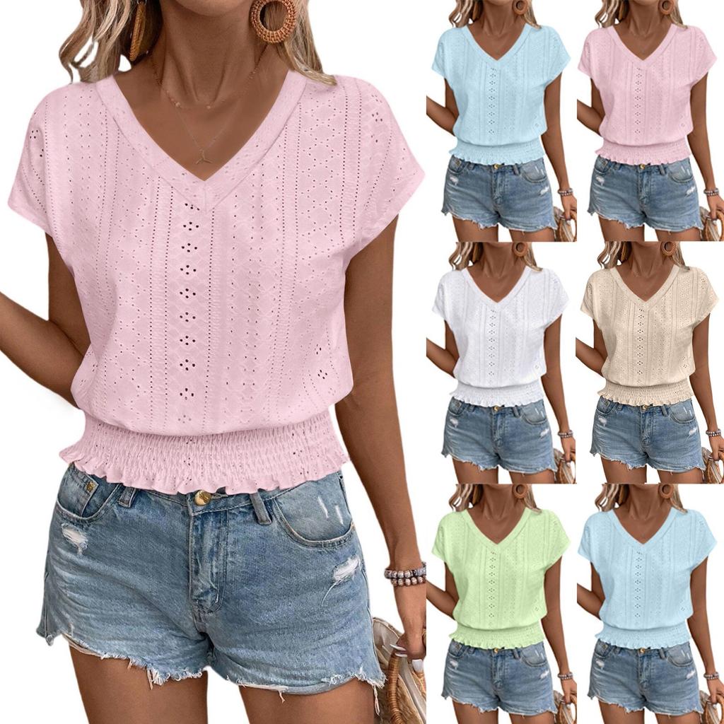 Women's Fashion V-neck Solid Color Hollow Short Sleeve Top T-shirt Summer
