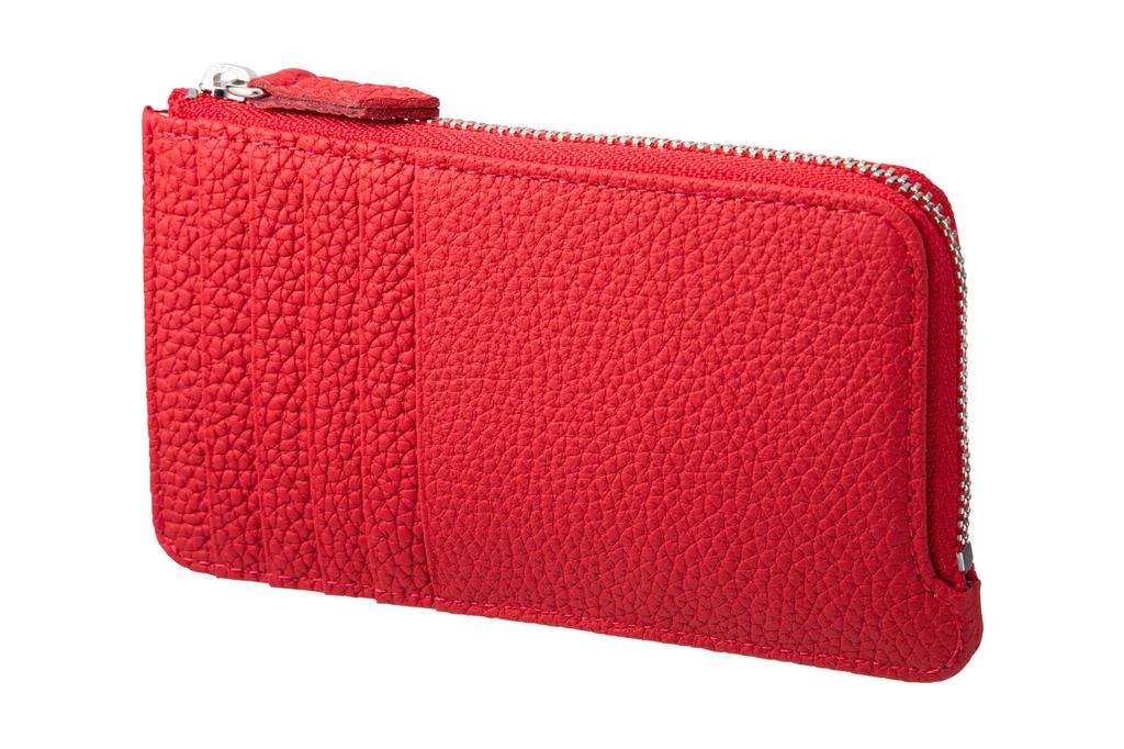 [GRAMAS] Flaches Reißverschlussportemonnaie aus geschrumpftem Kalbsleder in Rot mit echtem Leder-L-förmigem Reißverschluss und Schlüsselanhänger