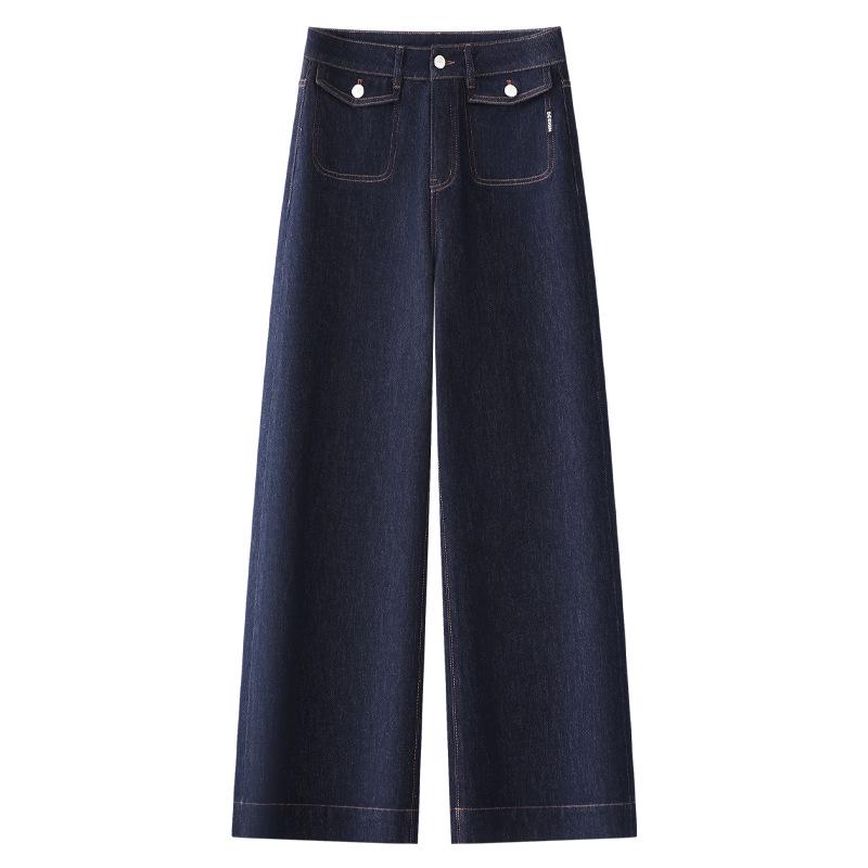 

High-Waisted Dark Blue Retro Wide-Leg Jeans for Women - Slimming Straight-Leg, New for Spring and Autumn 2025 XL