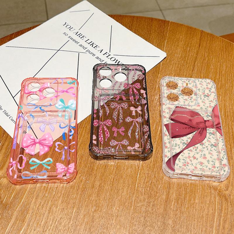 Card Pocket Bag Clear Phone Case For Xiaomi 14T 13T Xiaomi 14T 13T Pro Colorful Bowknot Printed Shockproof Soft Silicone Cover