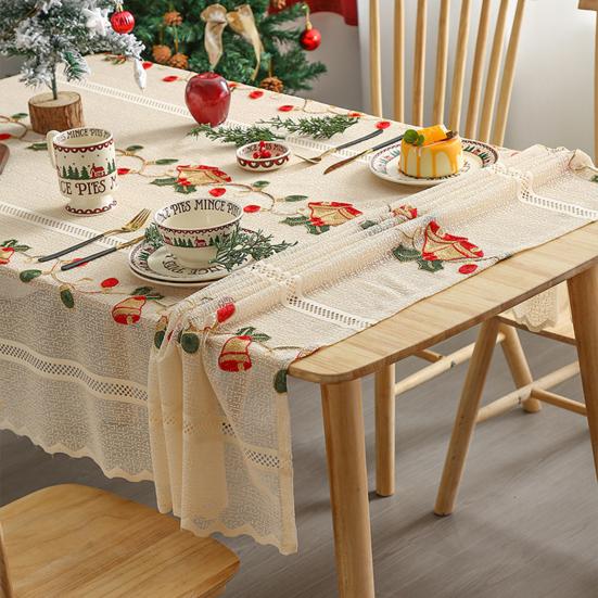 Christmas Lace Tablecloth Embroidered Santa Claus Xmas Bell Table Cloth Festive Dining Table Cover for Holiday Home Dinner Party Decor