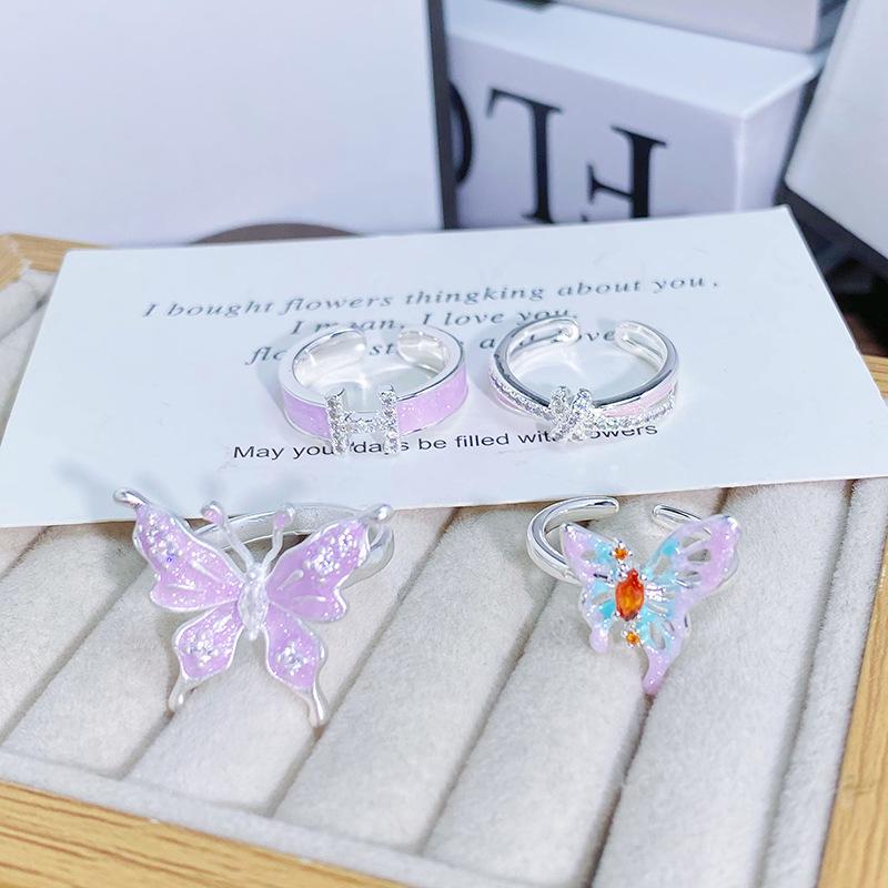 Niche Sweet And Gentle Purple Enamel Oil Drop Butterfly Open Ring High Sense Letter H Inlaid Zircon Ring Female