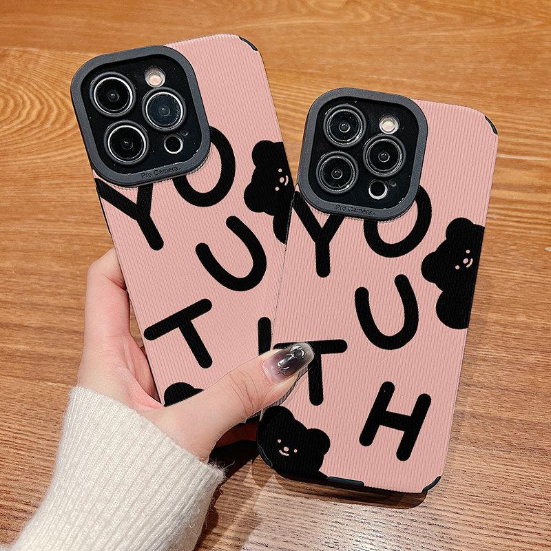 Vertical Leather Shell Youth Black Bear Printed Patterned Shockproof Soft Silicone Case with Camera Lens Full Protection for IPhone Samsung