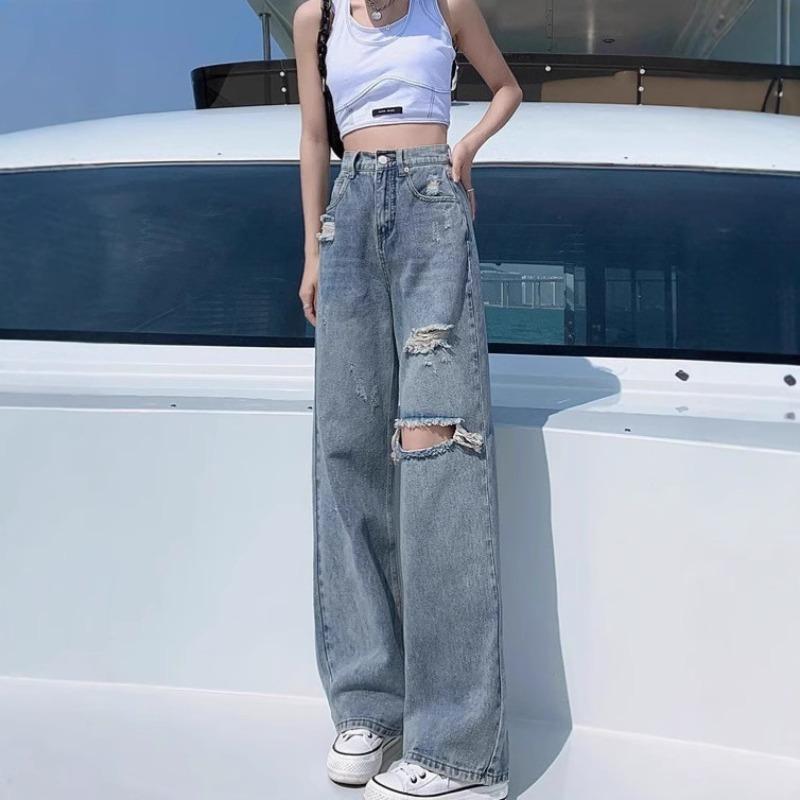Ripped jeans women's autumn and winter new high-waisted thin straight drape small wide-leg pants tide