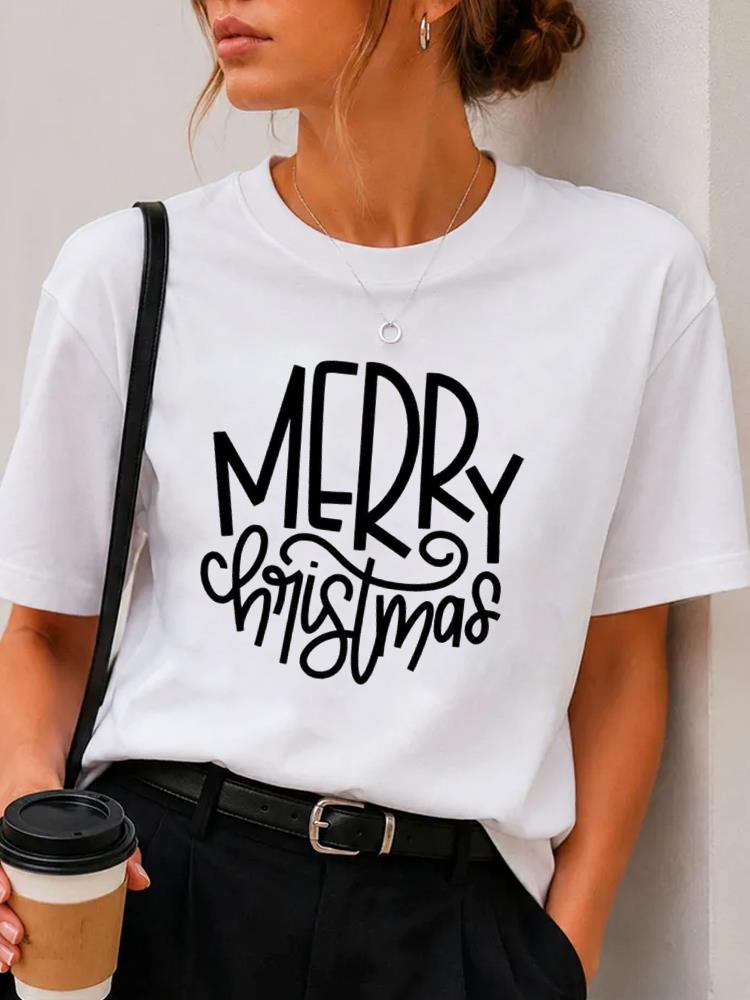 (Asian Size) Plaid Trend Cute Merry Christmas Fashion Short Sleeve T-shirts Women's Top O-neck T Shirt Print Casual New Year Clothing Graphic Tee