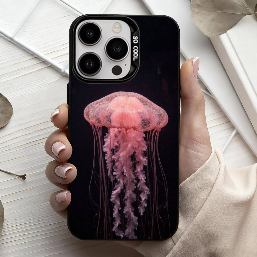Pink Jellyfish Tear Phone Case For iPhone17,16,15,14,13,12,11 Plus,Pro Max Black Candy Silver Plated Cover