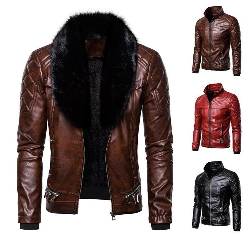 Men's Punk Removable Fur Collar Rivet Pressed Cotton Thick Windproof Locomotive Leather Jacket Men's