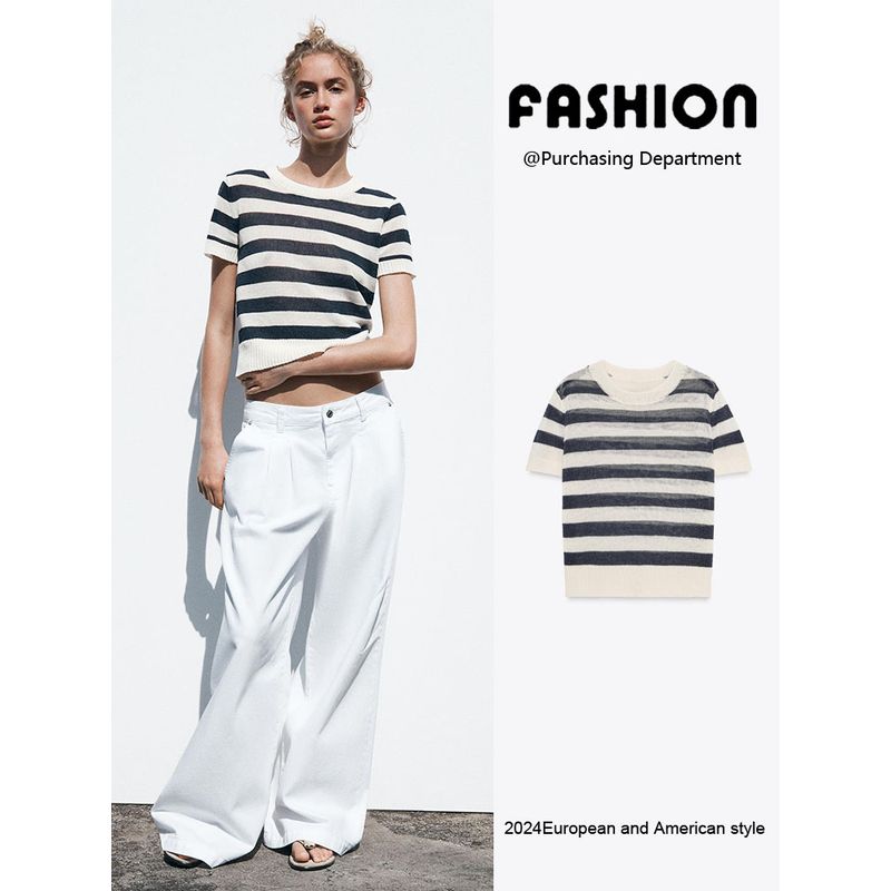 Za2025 Summer New Women Clothes Stripe Round Neck Short Sleeve Top 2142079 104 2142079 105