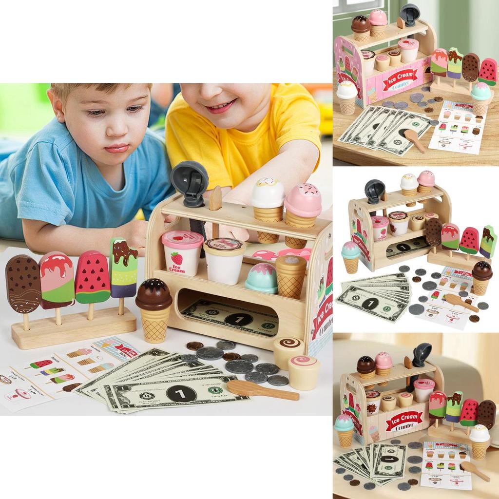 Wooden Childrens Play Kitchen Ice Cream Stand With Interactive Design For Kids Gift
