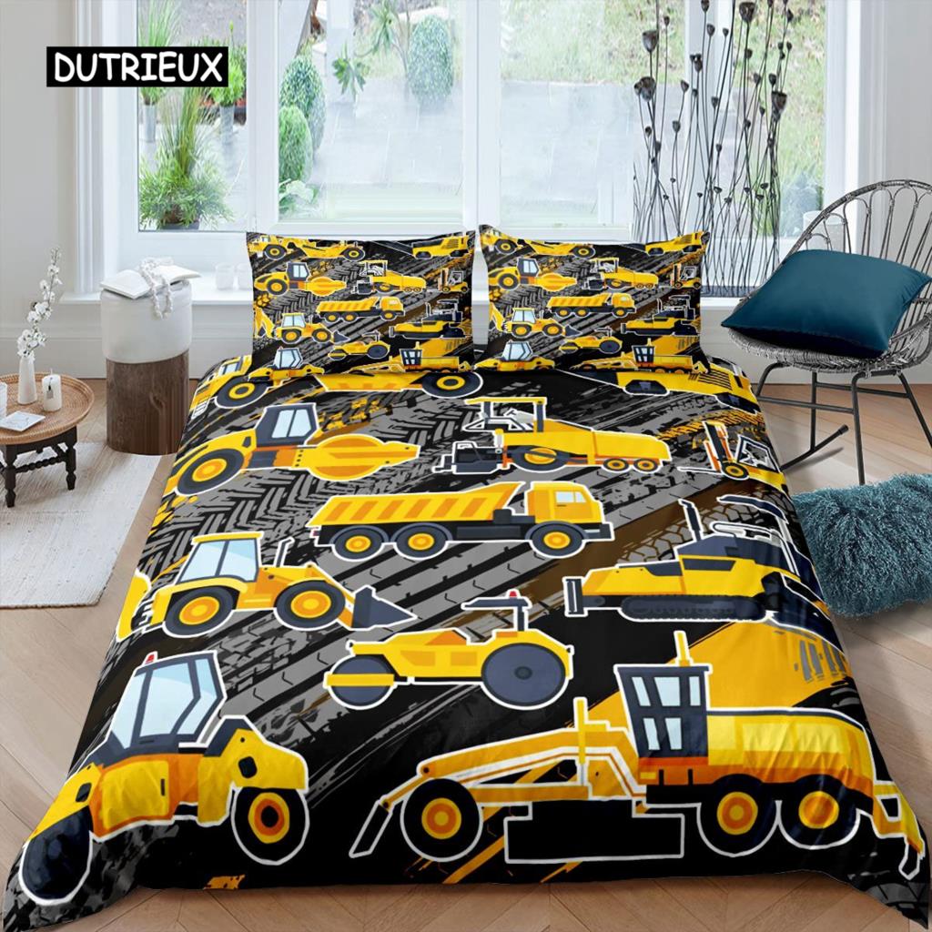 Excavator Duvet Cover Set Microfiber Tractor Truck Comforter Cover Twin Construction Vehicle Cartoon Bedding Set for Boys Teens