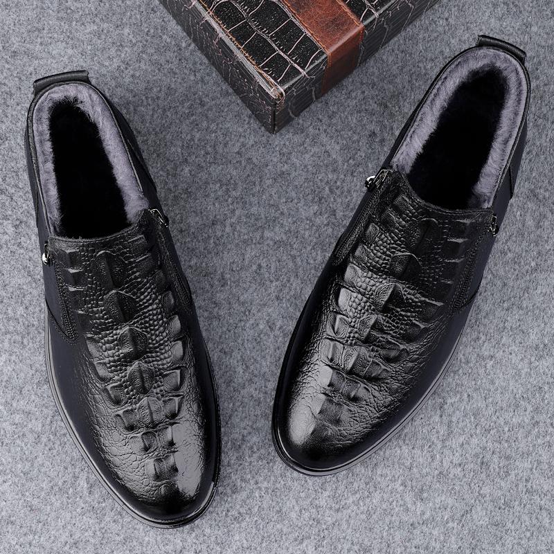 Fashion Genuine Leather Mens Chelsea Boots Crocodile Pattern Business Ankle Boats Round Toe Slip-On Mens Boots N Winter Plush Snow Shoes