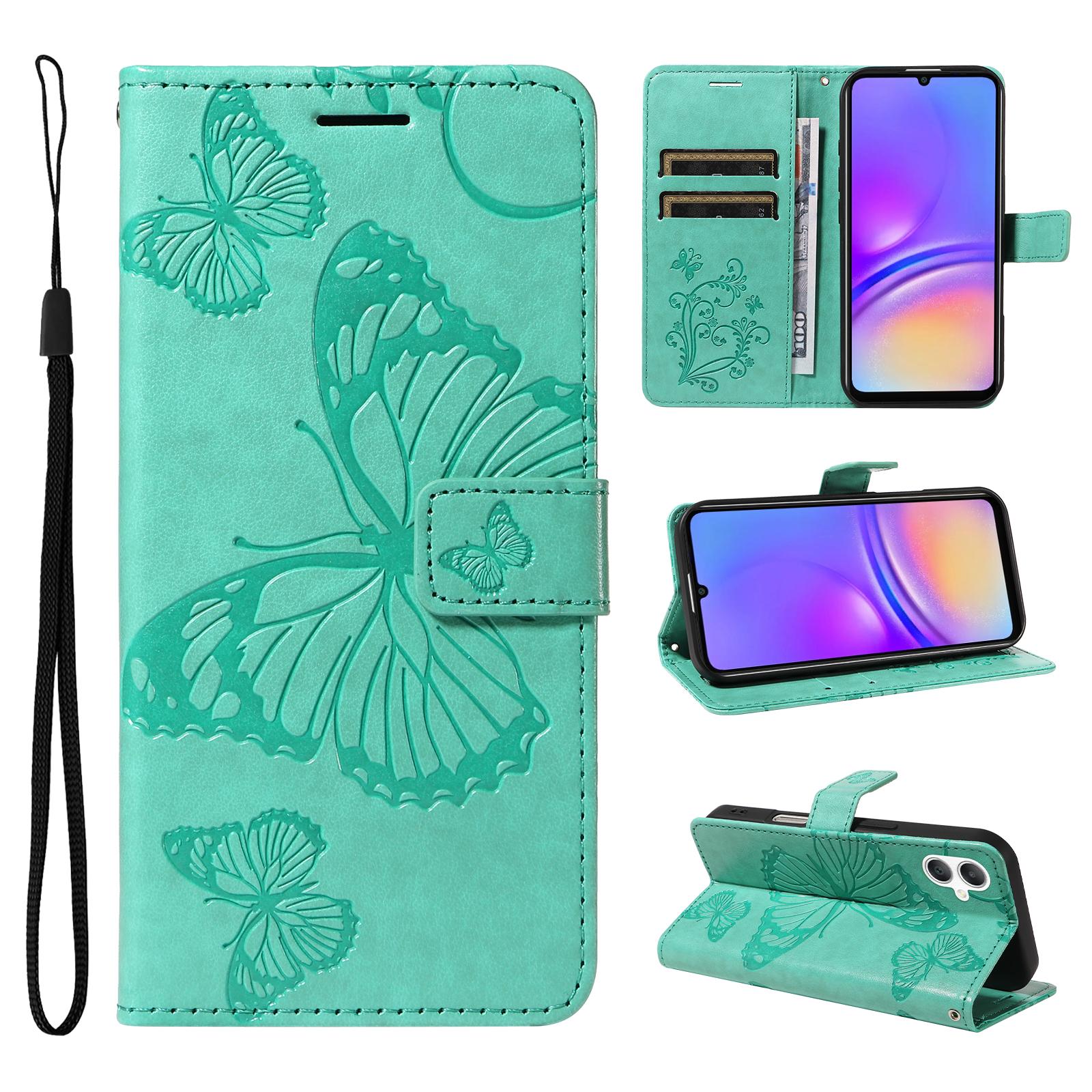 

For Samsung Galaxy A06 5G/Galaxy A06 4G Wallet Case Floral Butterfly Imprinted Leather Phone Cover Stand Green