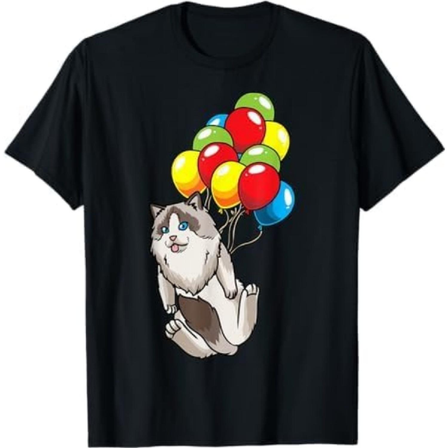 Ragdoll Cat Hanging On Balloons T-Shirt DT5 Mens Womens Tank Top Sweatshirt Hoodie Black S