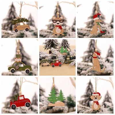 New Hanging Wooden Car Ornaments Christmas Tree Pendants Elk Cartoon Animal Ornaments Christmas Holiday Decorations