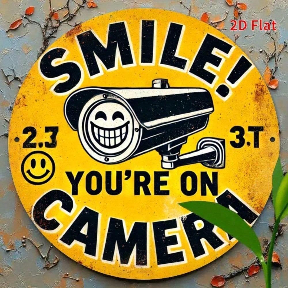 2D Flat Metal Sign Smile Youre On Camera Retro Tin Sign Yellow Round Metal Plate for Bar Home Wall Decor
