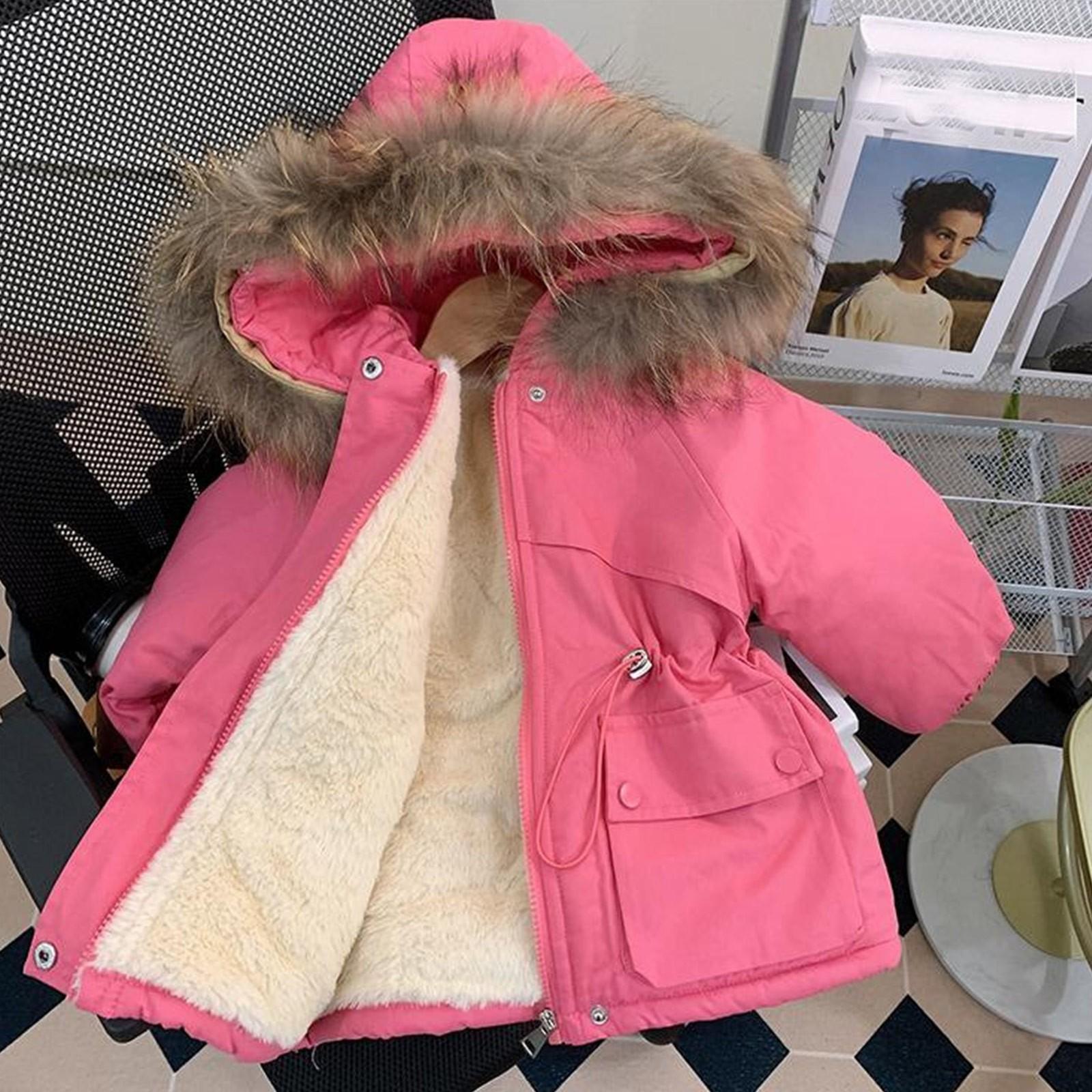 

Girls Winter Coat Solid Color Hat Plus Velvet Cotton Coat Fashionable 140 розовый