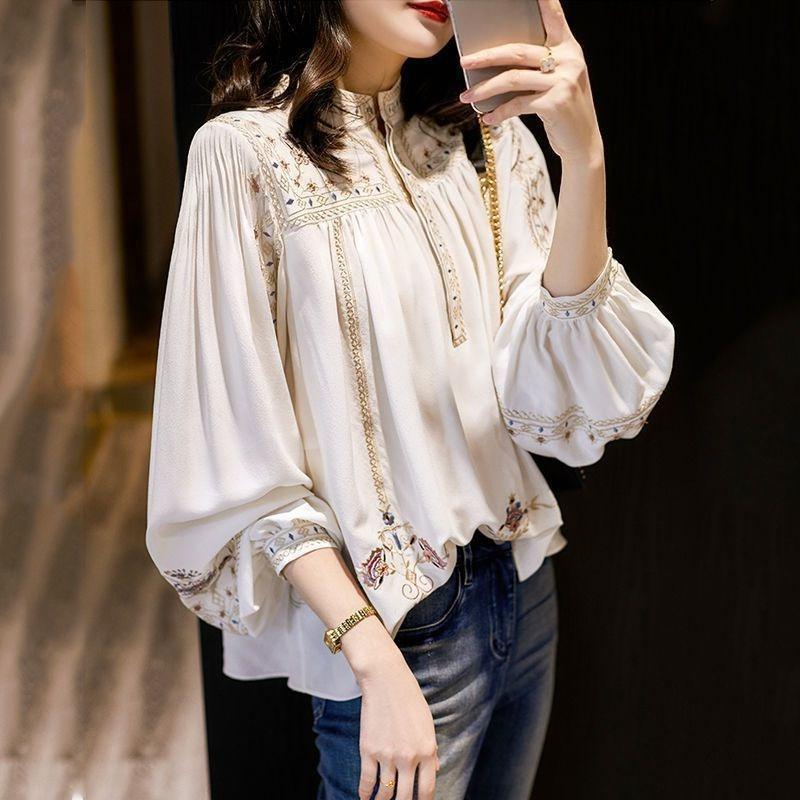Printed Shirt for Women Spring and Autumn Stand Up Collar Bohemian Style Loose Shirt Top