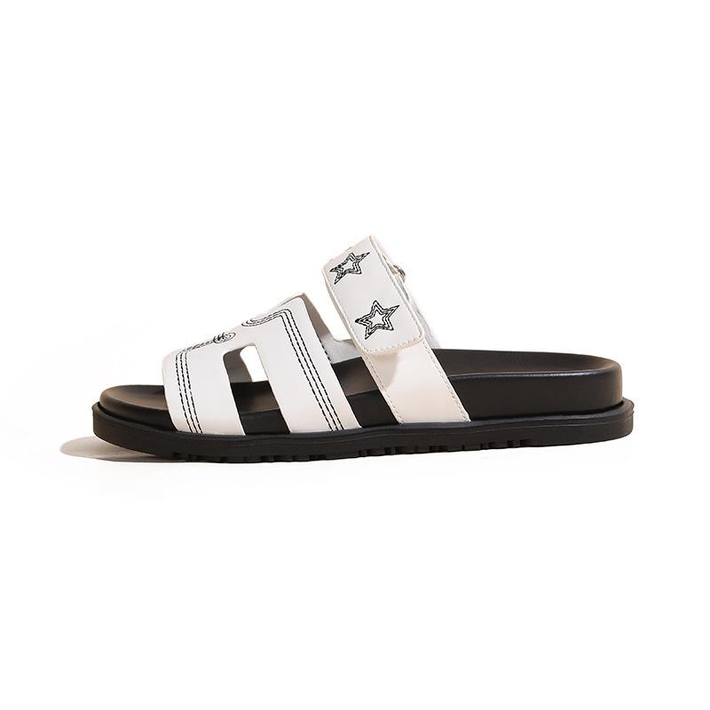 Su Yinyin's Second Uncle Slippers of the Same Style, Women Wear Ugly and Cute Leather H Slippers, Five-pointed Star Velcro One-word Drag Women