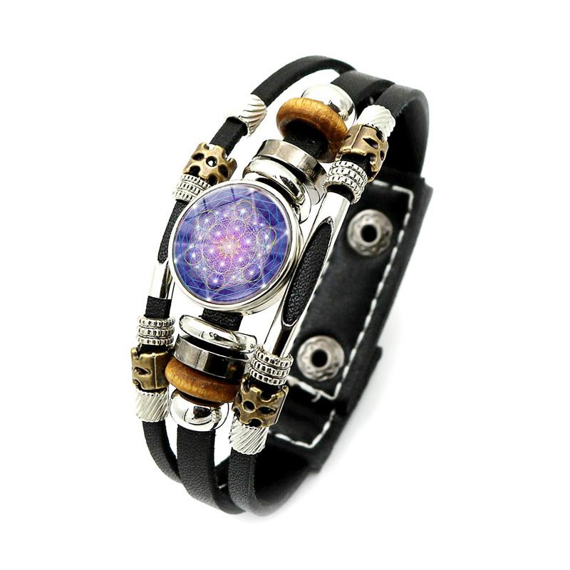 Mysterious Metatron Cube Vintage Bracelet Sacred Geometry Flower of Life Snap Button Multilayer Punk Leather Bracelet Wholesale