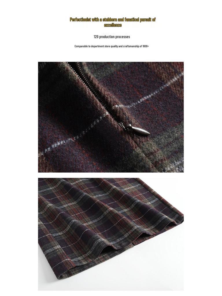 Plaid Wool Blend Split Pencil Skirt - 2025 Winter Mid-Length Vintage Style