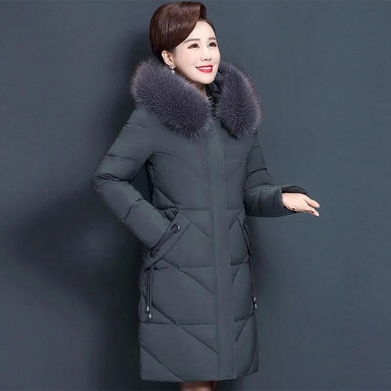 Winter Clothing Middle-aged and Elderly Down Jackets Women's Medium and Long Large-size Mother Clothing Thin Fox Big Fur Collar Jacket Winter