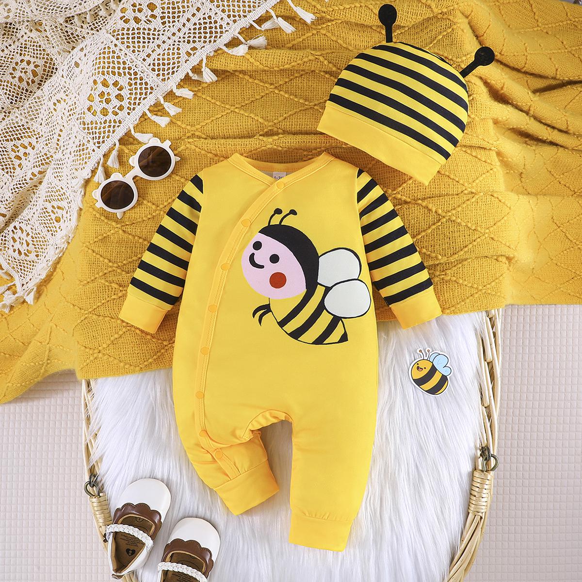 2PCS Baby Bee Print Romper with Matching Hat, Long Sleeve Button Jumpsuit for Infants 1-3M usc золотой