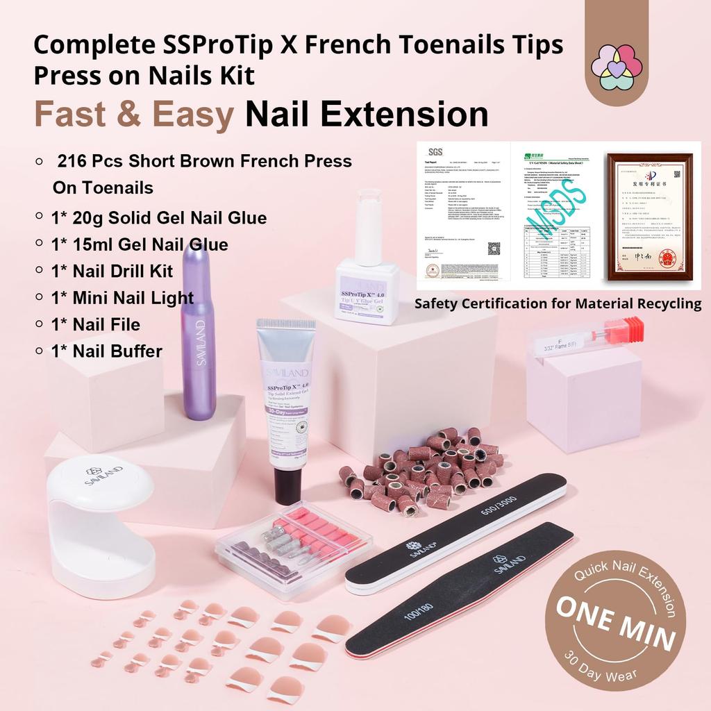 Saviland Nail Tips and Glue Gel 216 Toe Nail Short French Toe Brown Fake Toe Strong Nail for Nail Nail Nail Drill Nail File Buffer for Nail Art Kit
