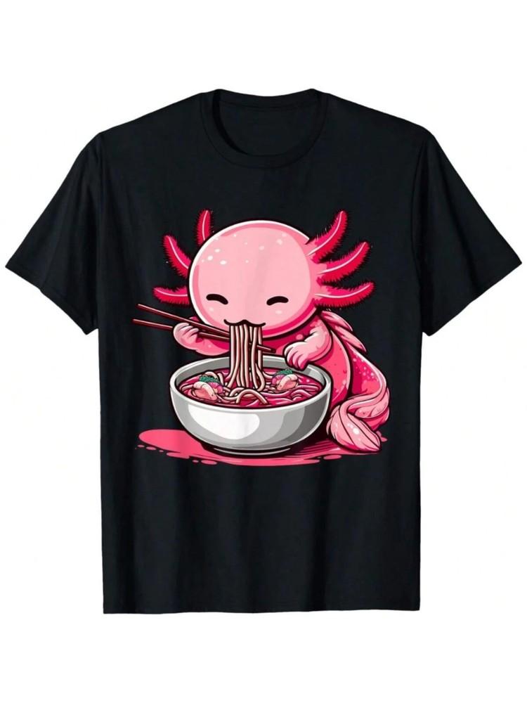 oft Cotton T-Shirt with Cute Axolotl Eating Ramen GraphicBreathable Comforta Unisex T-Shirt