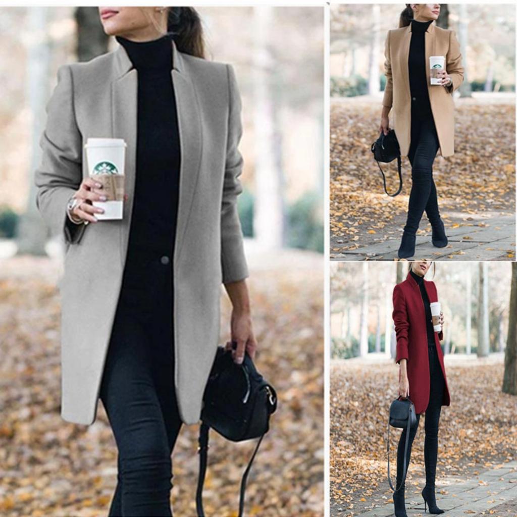 Autumn Winter New Women's Solid Color Stand Collar Woolen Coat, European American Fashion Outerwear