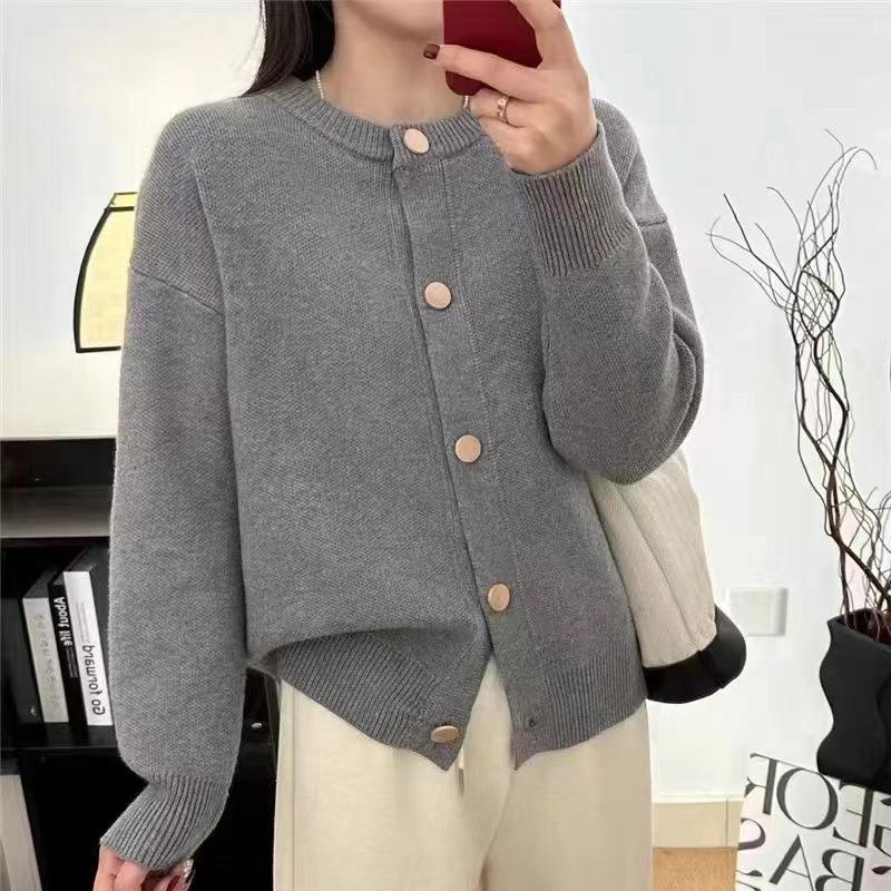Toamnă și iarnă New High Sense Pulover tricotat de culoare la un singur sân Cardigan Lazy Loose Top cu gât rotund