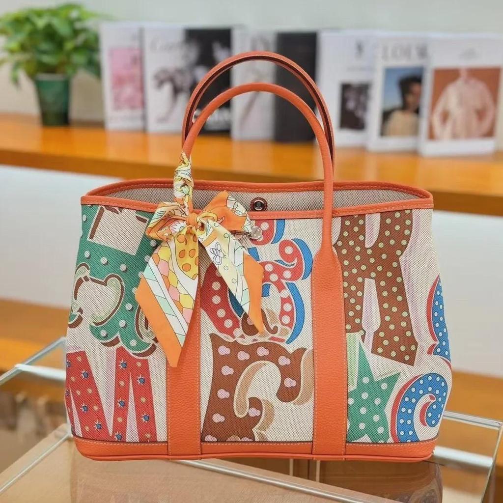 Women's Genuine Leather Garden Tote - 2025 Canvas & Cowhide, Large Capacity, Contrast Color Shoulder Bag