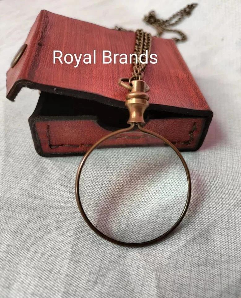 Brass Magnifying Glass Chain With Leather Box Vintage Collectible