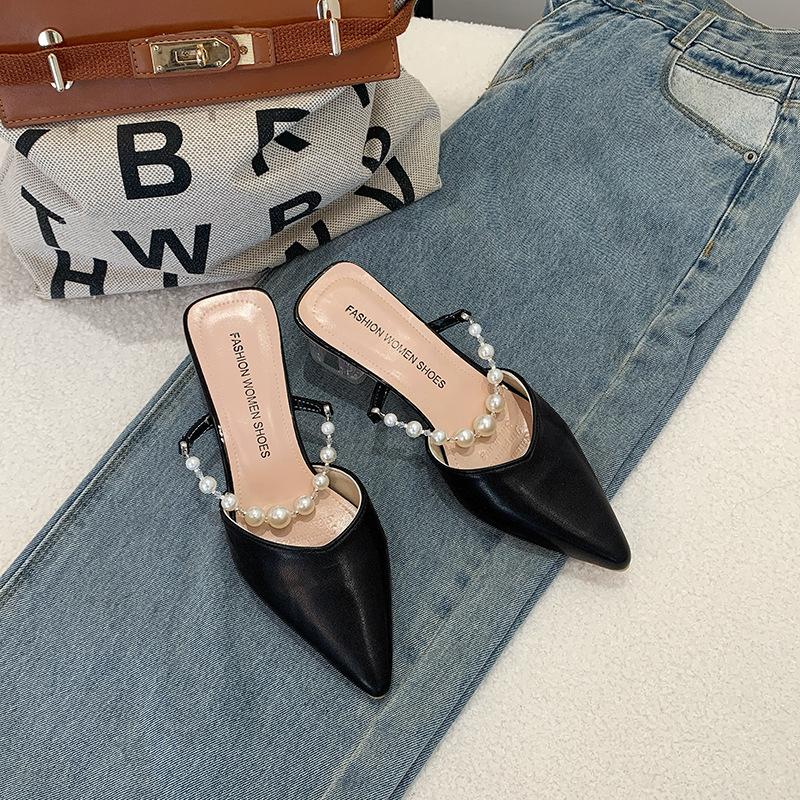 High-heeled Single Shoes Pearl Bag Head Sandals Summer Thick Heel with Slippers Female Outer Wear Pointed Head Half Drag Middle Heel Fairy